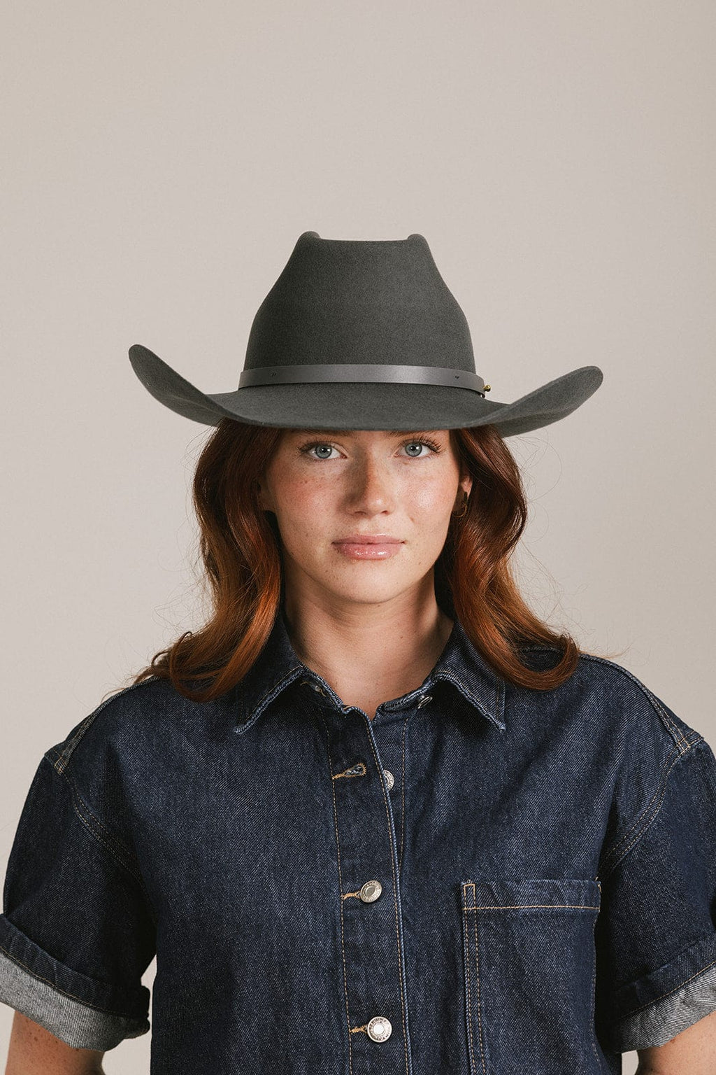 GIGI PIP Shane Women's Felt Cowboy Hat – Brick Top Crown & Upturned Brim | Western Leather Band