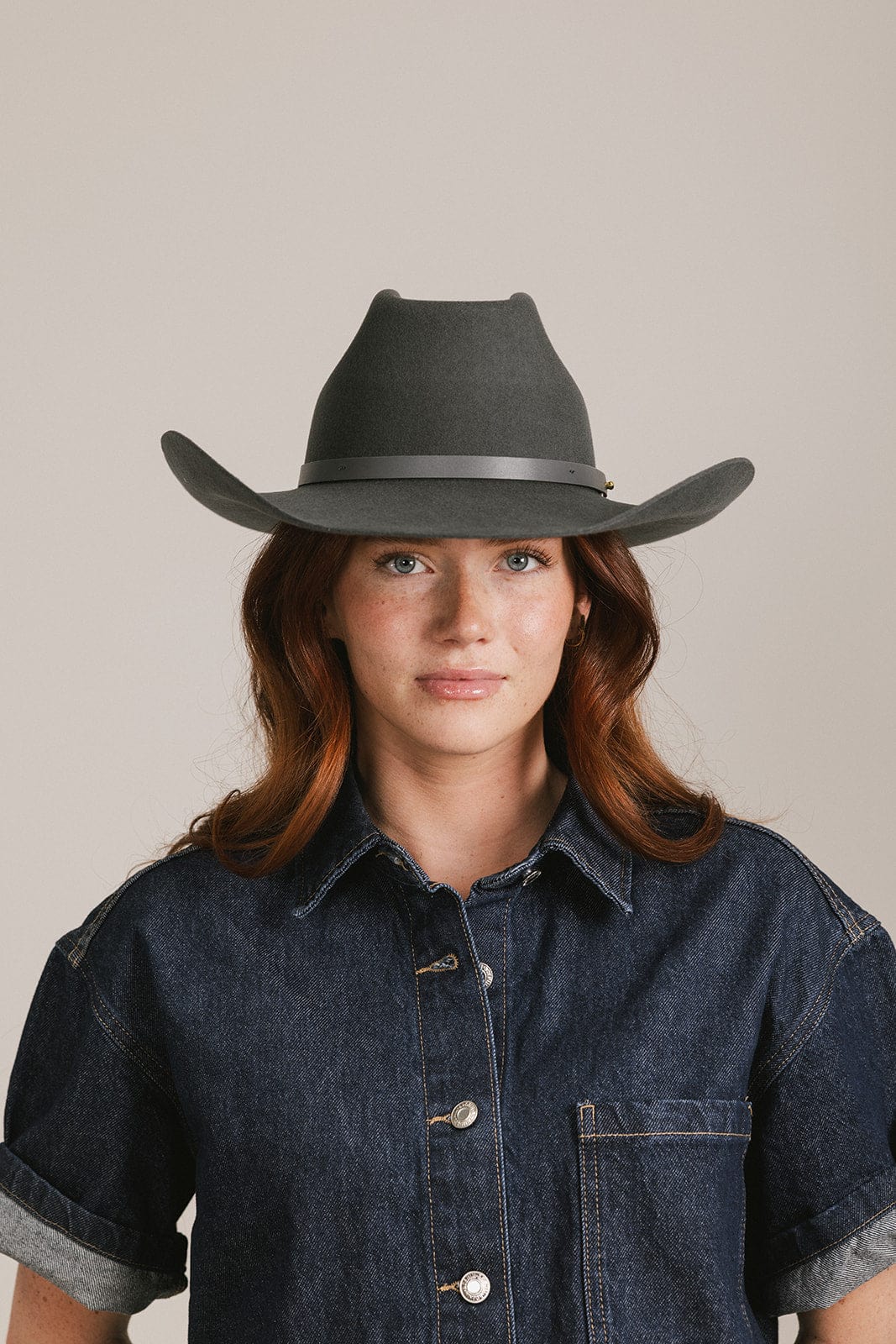 GIGI PIP Shane Women's Felt Cowboy Hat – Brick Top Crown & Upturned Brim | Western Leather Band