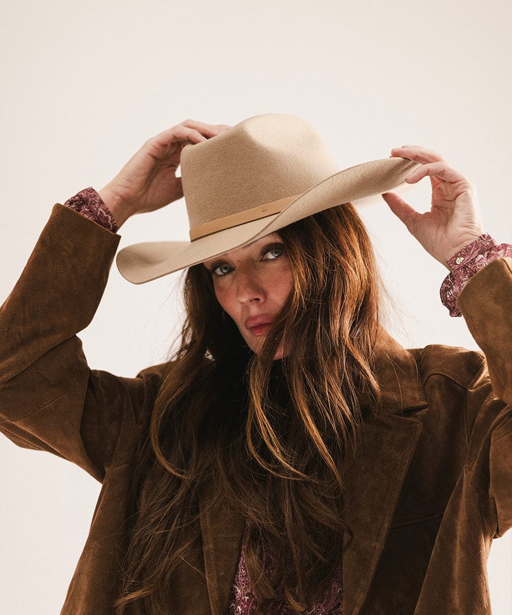 GIGI PIP Shane Women's Felt Cowboy Hat – Brick Top Crown & Upturned Brim | Western Leather Band