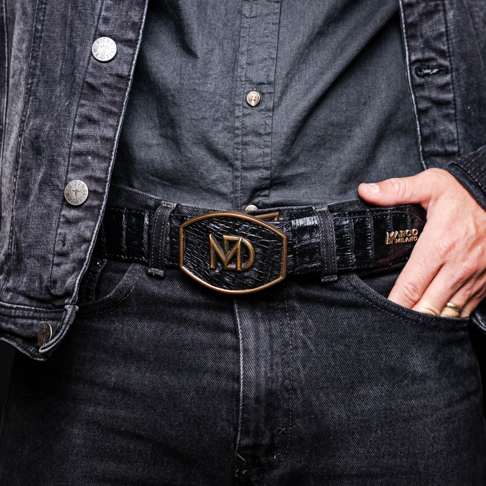 Marco Di Milano Iowa Men's Exotic Western Belt – Genuine Caiman Skin | Black