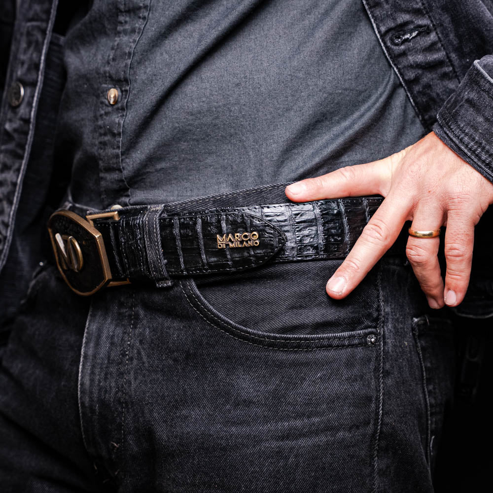 Marco Di Milano Iowa Men's Exotic Western Belt – Genuine Caiman Skin | Black