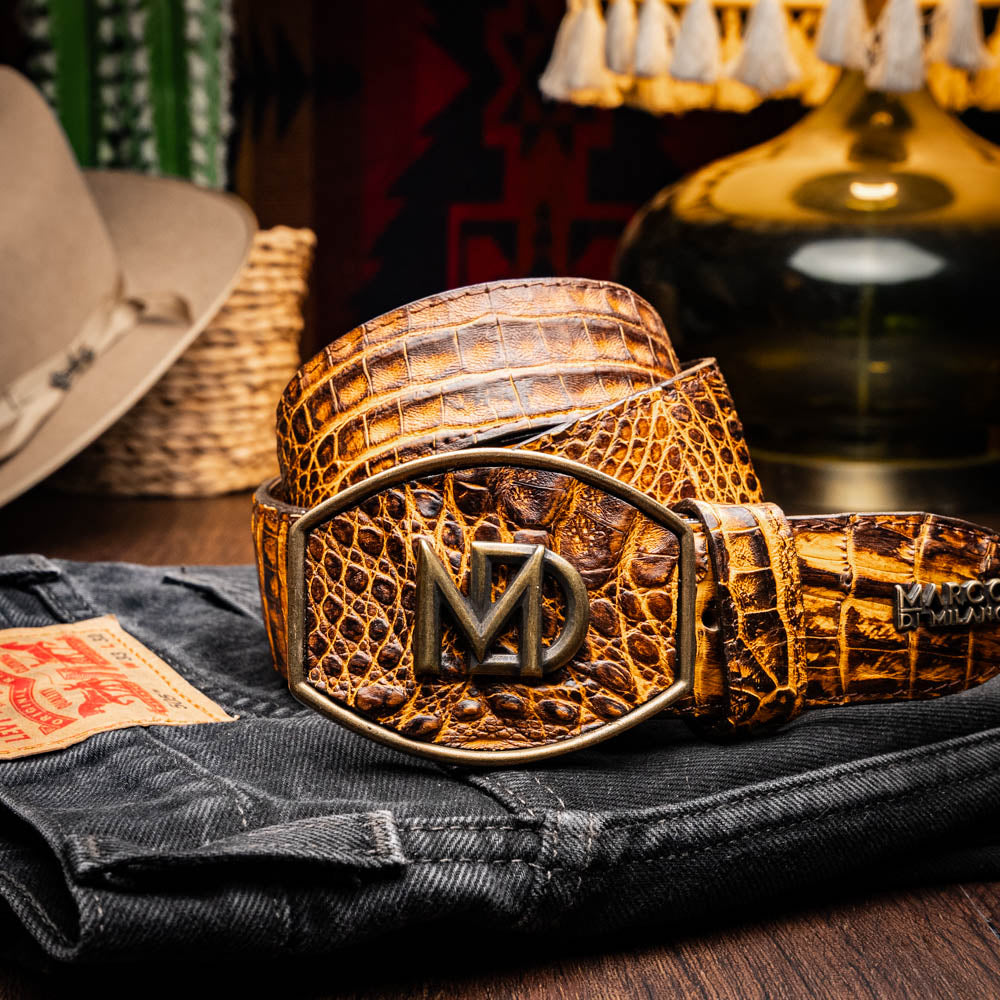 Marco Di Milano Iowa Men's Exotic Western Belt – Genuine Caiman Skin | Mustard Brown