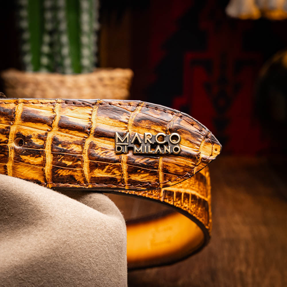 Marco Di Milano Iowa Men's Exotic Western Belt – Genuine Caiman Skin | Mustard Brown
