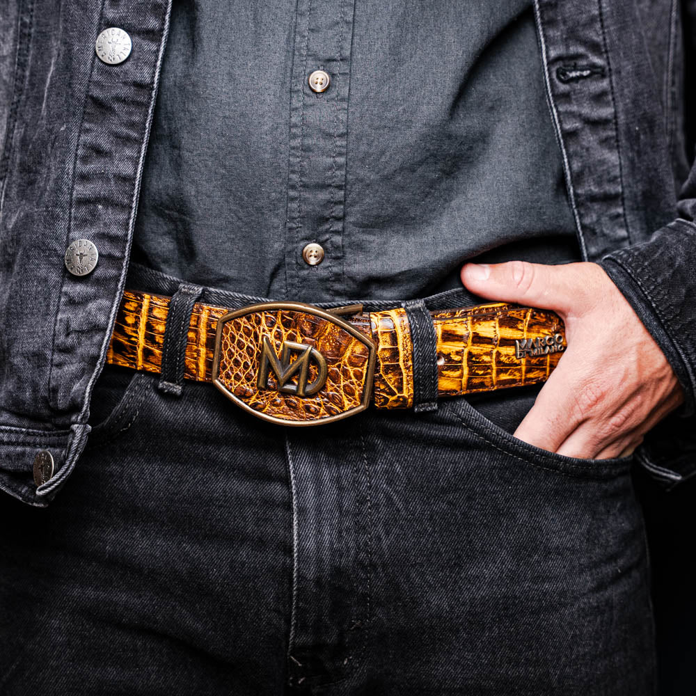 Marco Di Milano Iowa Men's Exotic Western Belt – Genuine Caiman Skin | Mustard Brown