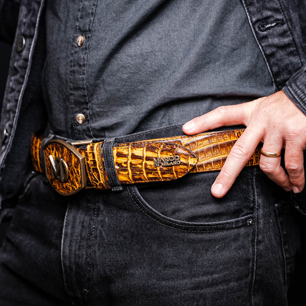 Marco Di Milano Iowa Men's Exotic Western Belt – Genuine Caiman Skin | Mustard Brown