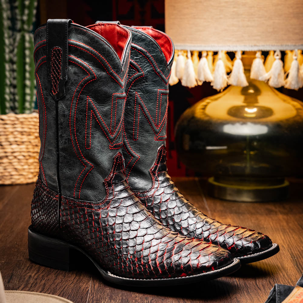 Marco Di Milano Men's Cowboy Western Boot Missouri Black Cherry – Square Toe, Genuine Python Skin, Leather & TPU Sole, Hand-Finished, Exotic Leather Ranch, Rodeo & Dress Boot
