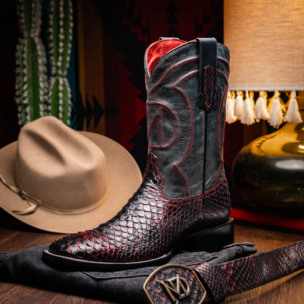 Marco Di Milano Men's Cowboy Western Boot Missouri Black Cherry – Square Toe, Genuine Python Skin, Leather & TPU Sole, Hand-Finished, Exotic Leather Ranch, Rodeo & Dress Boot