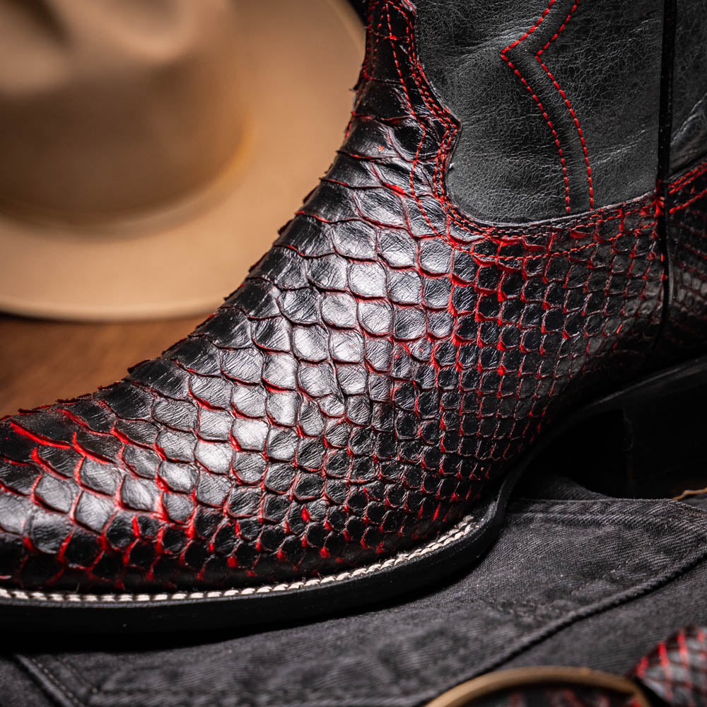 Marco Di Milano Men's Cowboy Western Boot Missouri Black Cherry – Square Toe, Genuine Python Skin, Leather & TPU Sole, Hand-Finished, Exotic Leather Ranch, Rodeo & Dress Boot