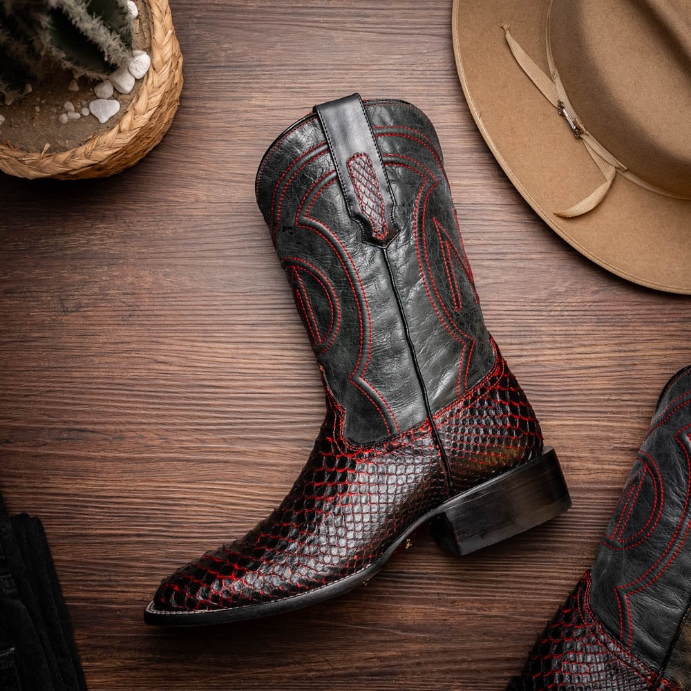 Marco Di Milano Men's Cowboy Western Boot Missouri Black Cherry – Square Toe, Genuine Python Skin, Leather & TPU Sole, Hand-Finished, Exotic Leather Ranch, Rodeo & Dress Boot
