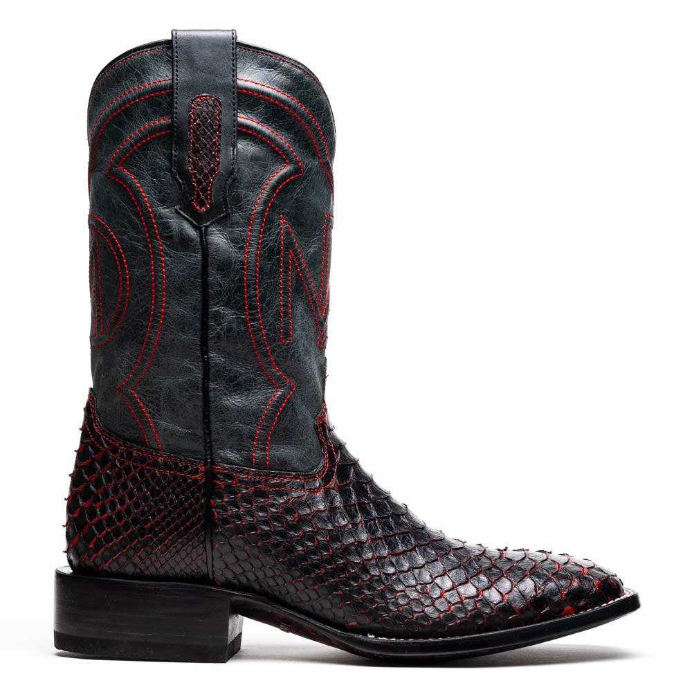 Marco Di Milano Men's Cowboy Western Boot Missouri Black Cherry – Square Toe, Genuine Python Skin, Leather & TPU Sole, Hand-Finished, Exotic Leather Ranch, Rodeo & Dress Boot