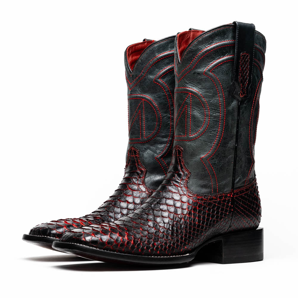 Marco Di Milano Men's Cowboy Western Boot Missouri Black Cherry – Square Toe, Genuine Python Skin, Leather & TPU Sole, Hand-Finished, Exotic Leather Ranch, Rodeo & Dress Boot