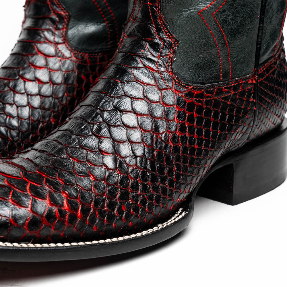 Marco Di Milano Men's Cowboy Western Boot Missouri Black Cherry – Square Toe, Genuine Python Skin, Leather & TPU Sole, Hand-Finished, Exotic Leather Ranch, Rodeo & Dress Boot