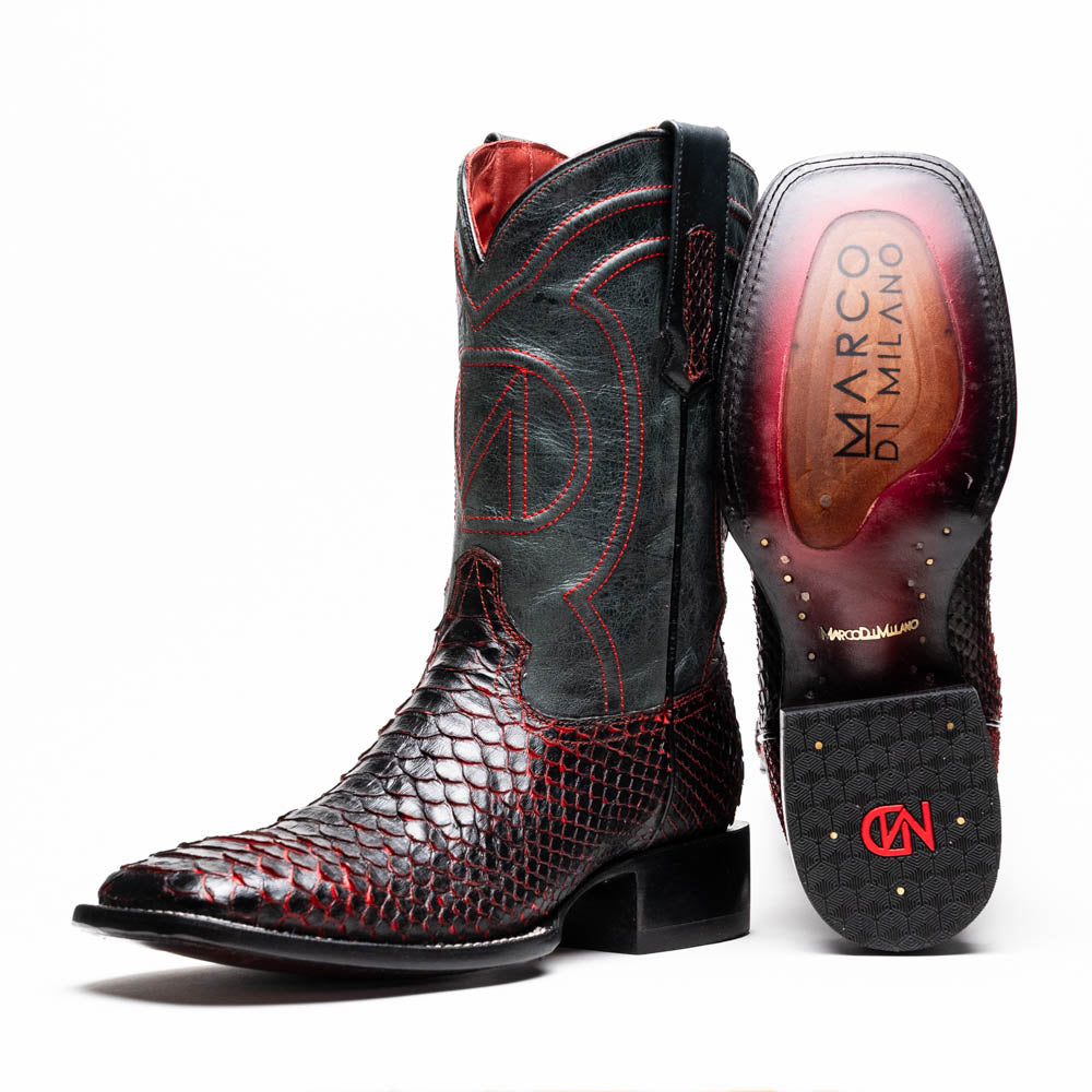 Marco Di Milano Men's Cowboy Western Boot Missouri Black Cherry – Square Toe, Genuine Python Skin, Leather & TPU Sole, Hand-Finished, Exotic Leather Ranch, Rodeo & Dress Boot