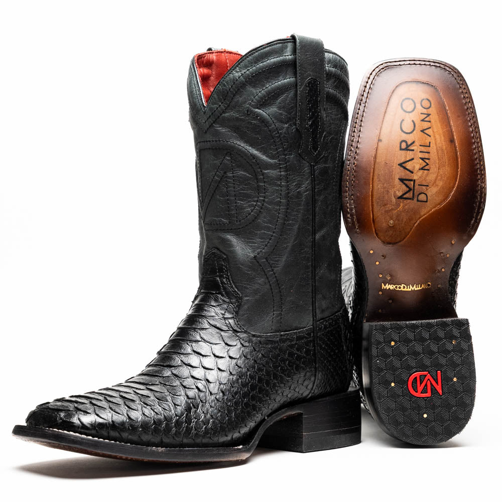 Marco Di Milano Missouri Men's Exotic Cowboy Boots – Genuine Python Skin | Black Square Toe