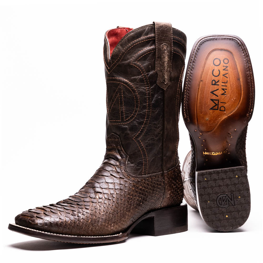 Marco Di Milano Missouri Men's Exotic Cowboy Boots – Genuine Python Skin | Brown Square Toe