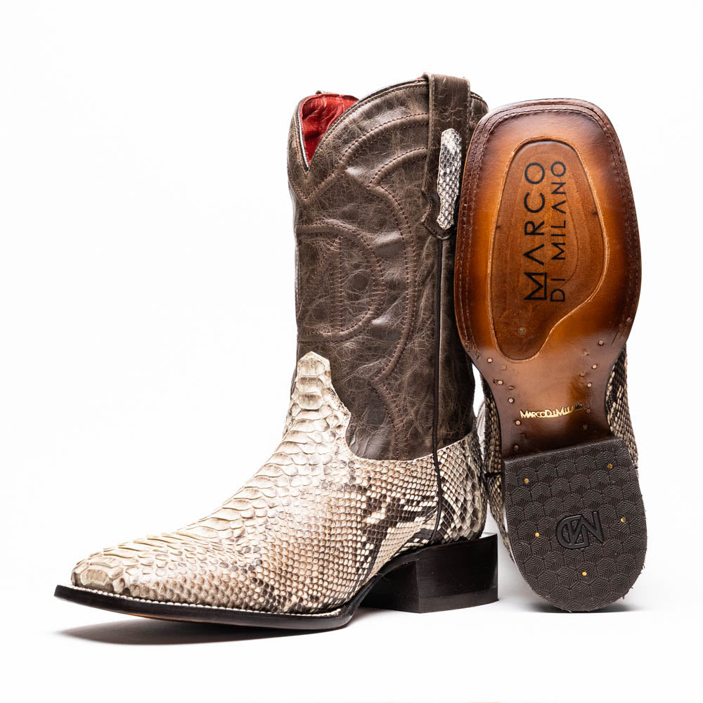 Marco Di Milano Missouri Men's Exotic Cowboy Boots – Genuine Python Skin | Natural Square Toe
