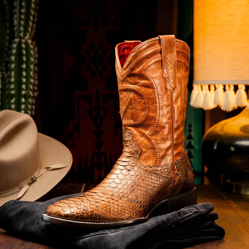 Marco Di Milano Missouri Men's Exotic Cowboy Boots – Genuine Python Skin | Cognac Square Toe
