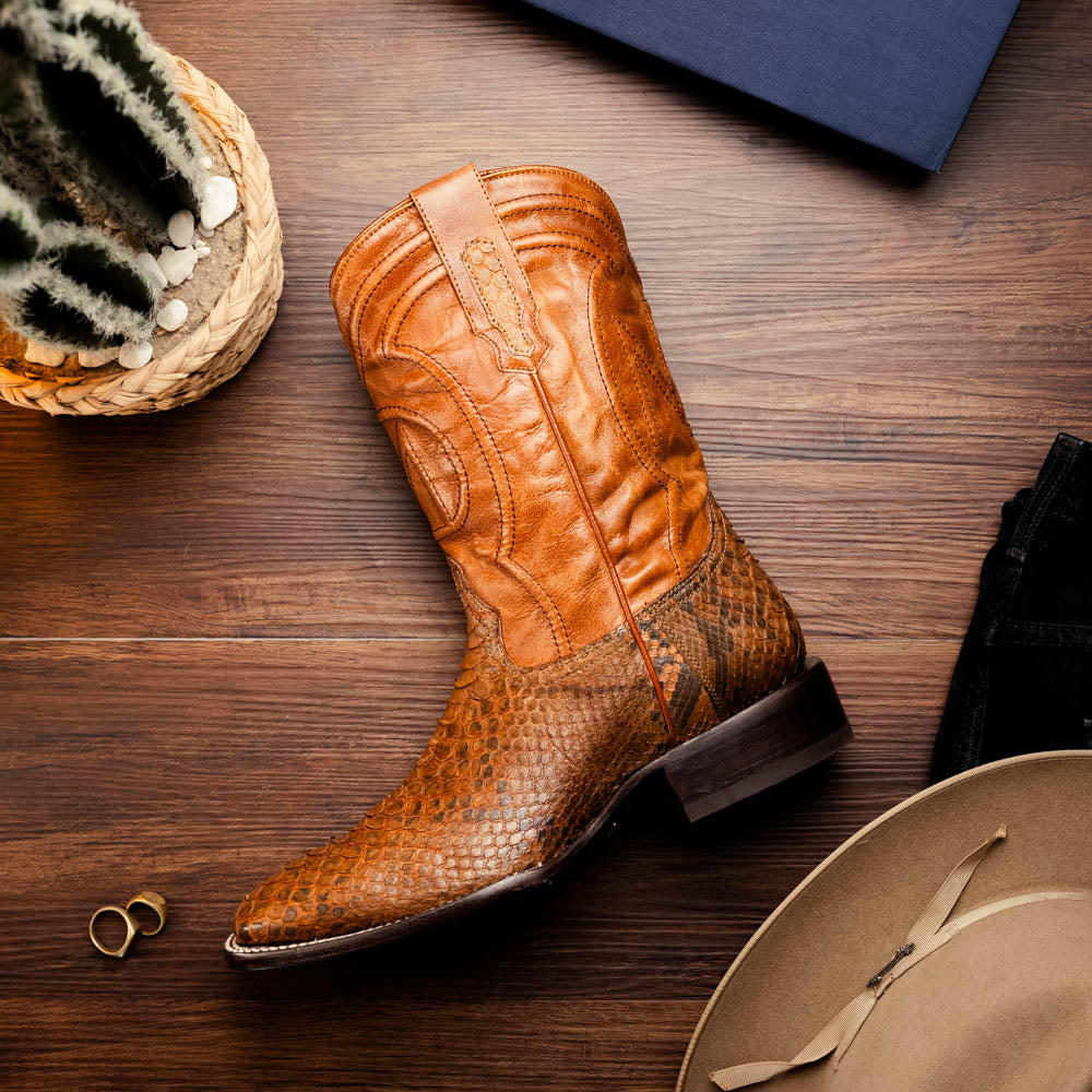 Marco Di Milano Missouri Men's Exotic Cowboy Boots – Genuine Python Skin | Cognac Square Toe