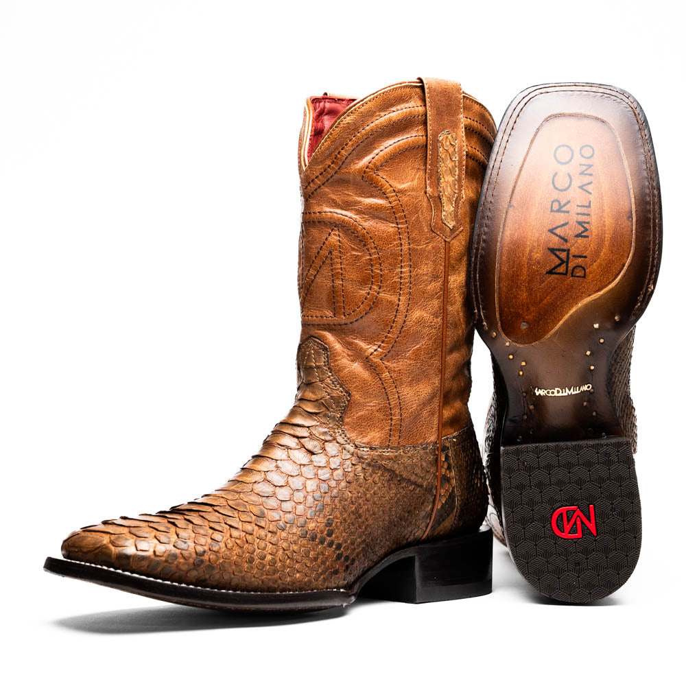 Marco Di Milano Missouri Men's Exotic Cowboy Boots – Genuine Python Skin | Cognac Square Toe