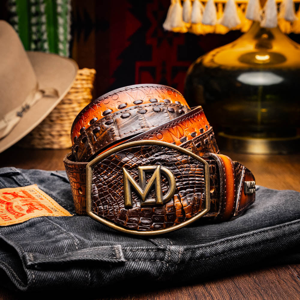 Marco Di Milano Montana Men's Exotic Western Belt – Caiman & Calfskin | Aged Brown