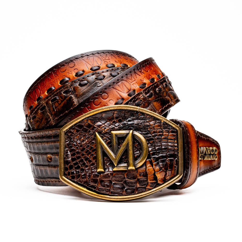 Marco Di Milano Montana Men's Exotic Western Belt – Caiman & Calfskin | Aged Brown