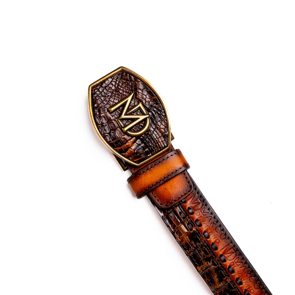 Marco Di Milano Montana Men's Exotic Western Belt – Caiman & Calfskin | Aged Brown