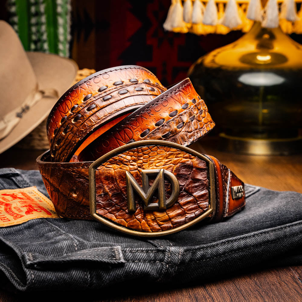 Marco Di Milano Montana Men's Exotic Western Belt – Caiman & Calfskin | Aged Maple