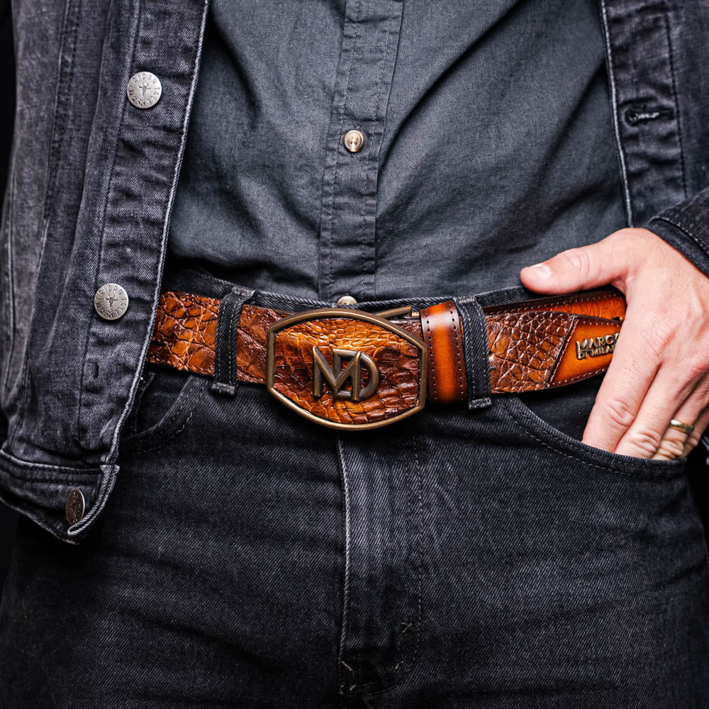 Marco Di Milano Montana Men's Exotic Western Belt – Caiman & Calfskin | Aged Maple