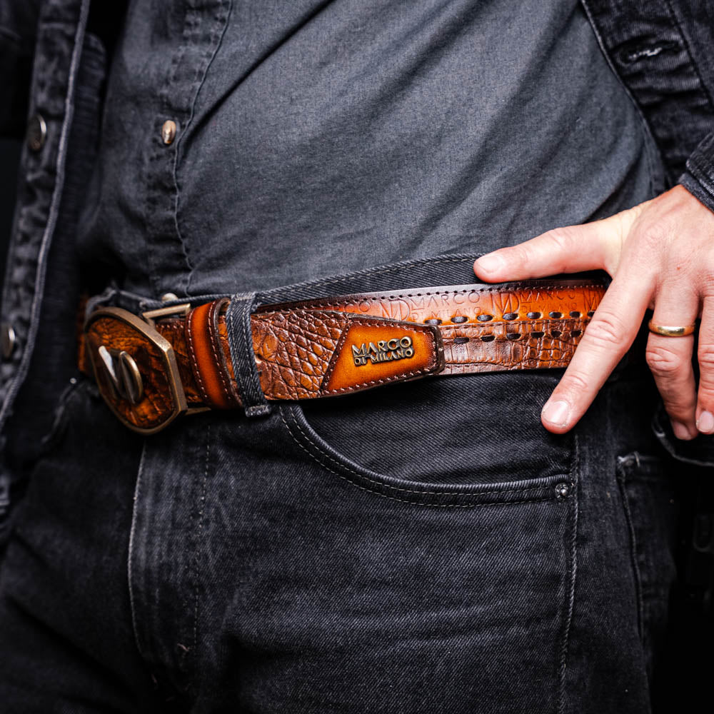 Marco Di Milano Montana Men's Exotic Western Belt – Caiman & Calfskin | Aged Maple