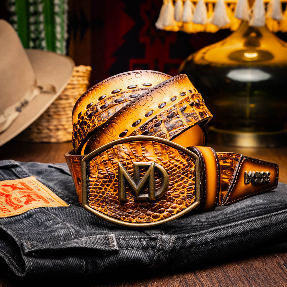 Marco Di Milano Montana Men's Exotic Western Belt – Caiman & Calfskin | Mustard Brown