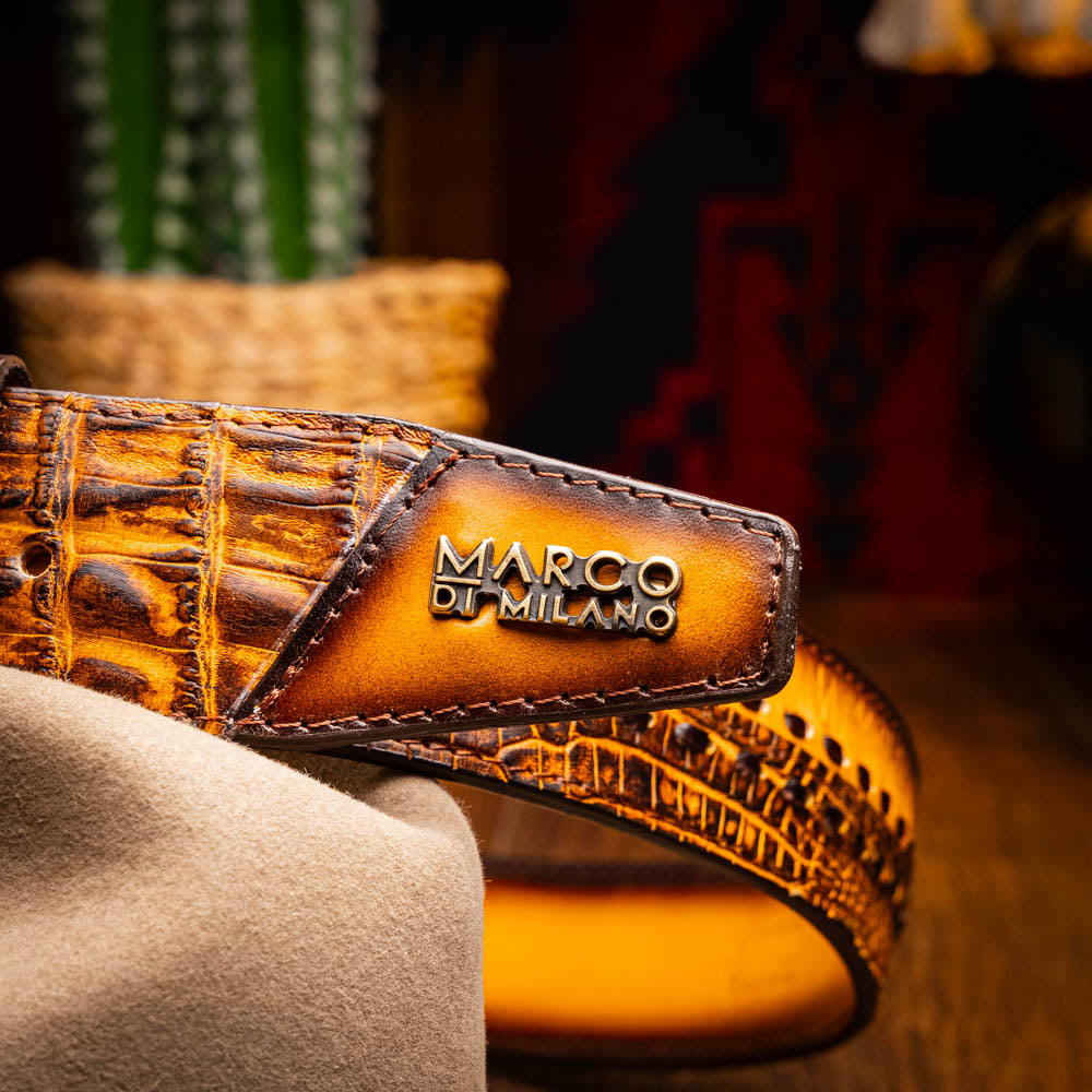 Marco Di Milano Montana Men's Exotic Western Belt – Caiman & Calfskin | Mustard Brown