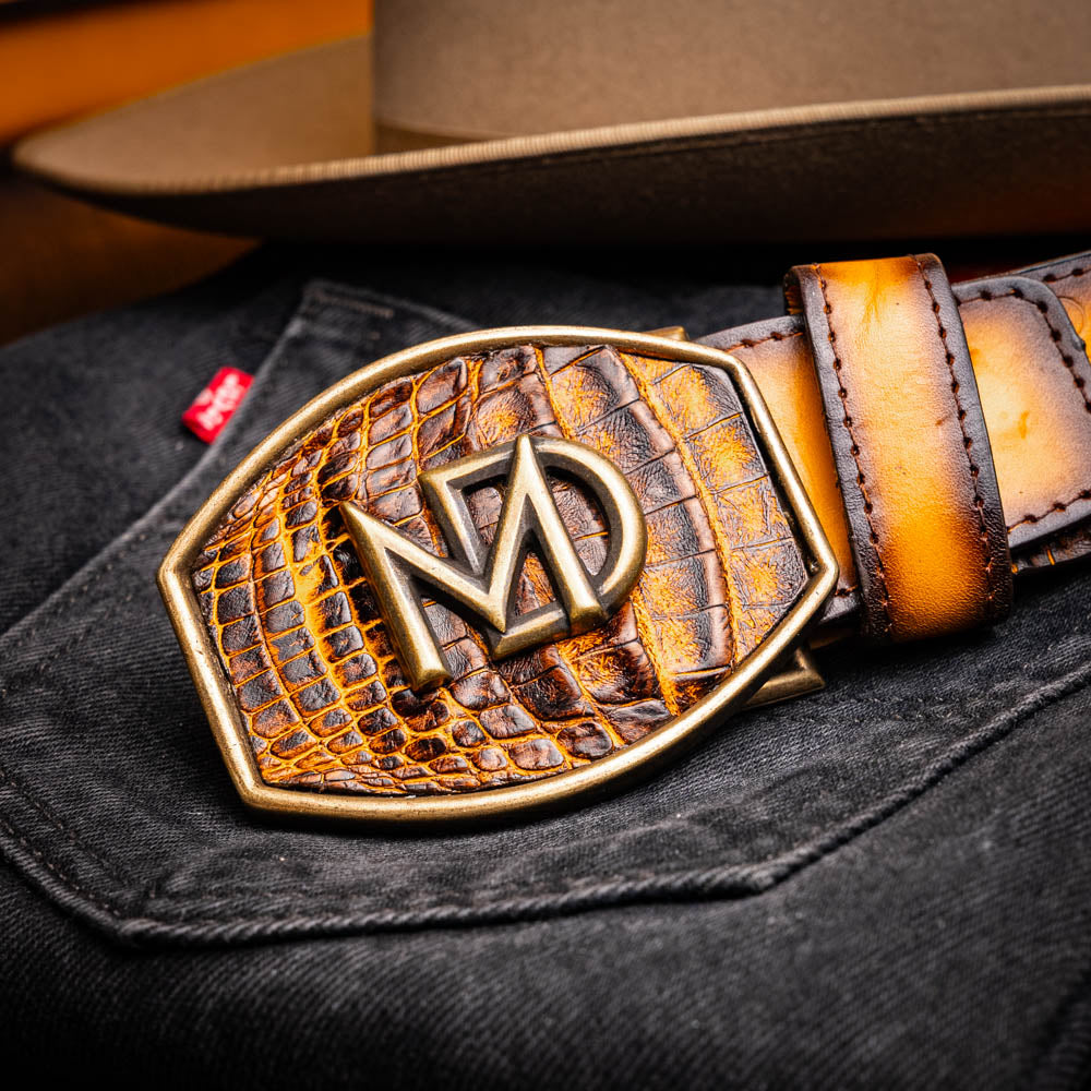 Marco Di Milano Montana Men's Exotic Western Belt – Caiman & Calfskin | Mustard Brown