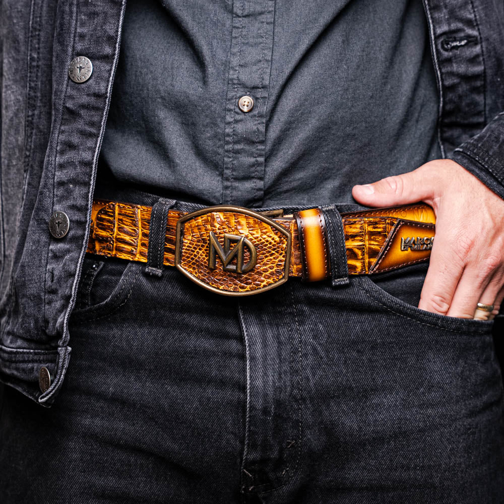Marco Di Milano Montana Men's Exotic Western Belt – Caiman & Calfskin | Mustard Brown