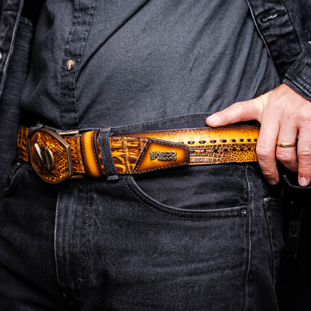 Marco Di Milano Montana Men's Exotic Western Belt – Caiman & Calfskin | Mustard Brown