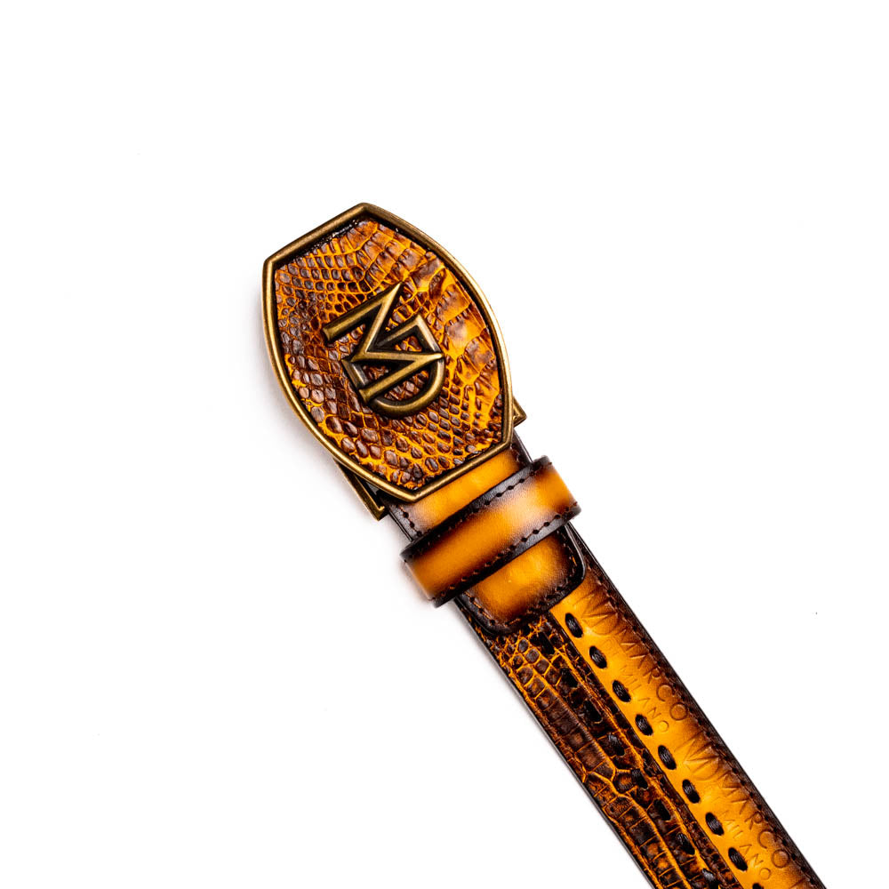Marco Di Milano Montana Men's Exotic Western Belt – Caiman & Calfskin | Mustard Brown