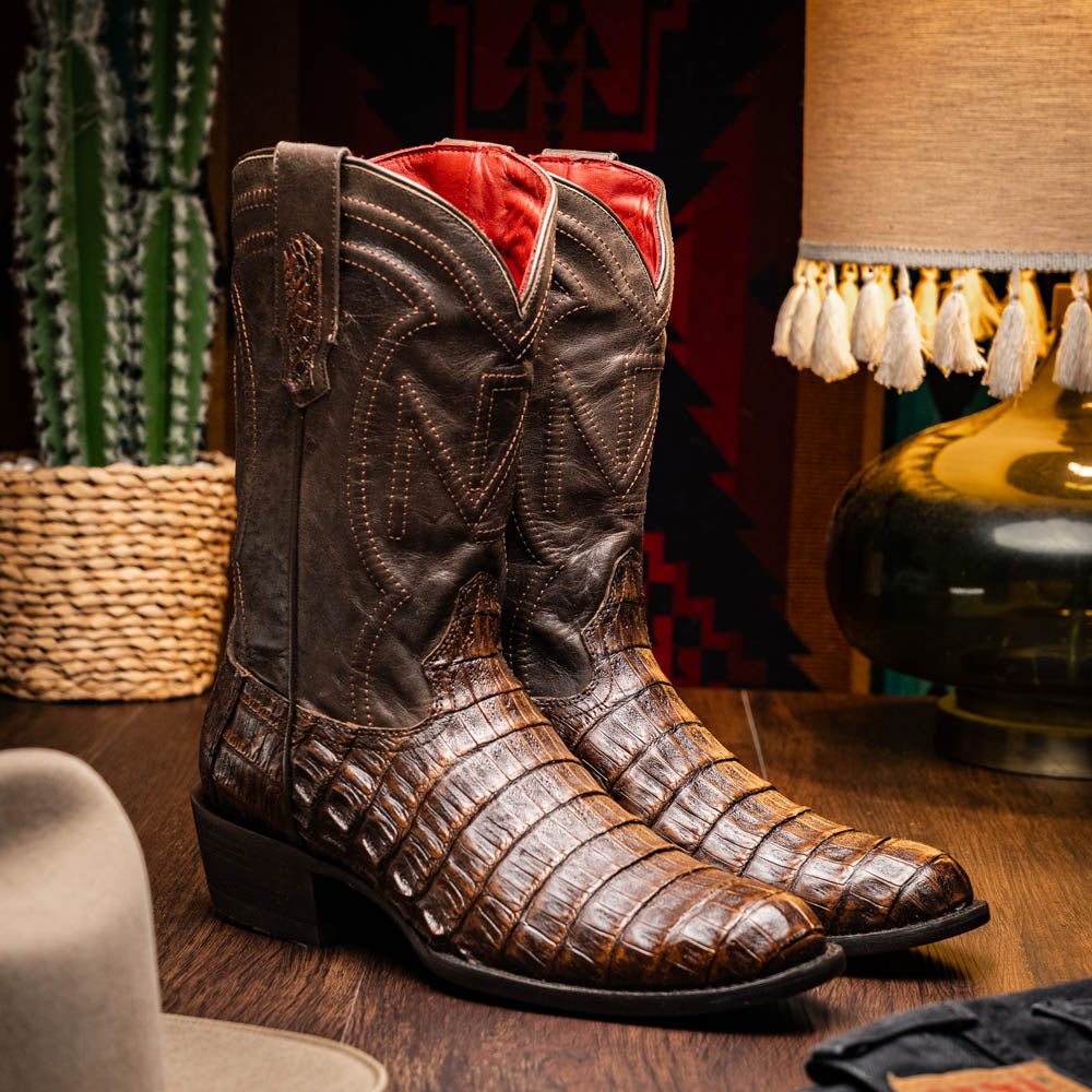 Marco Di Milano Phoenix Men's Exotic Cowboy Boots – Genuine Caiman Belly | Aged Brown