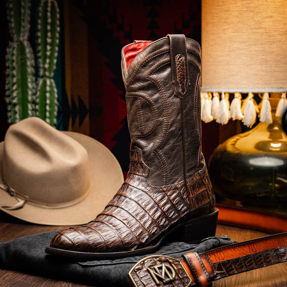 Marco Di Milano Phoenix Men's Exotic Cowboy Boots – Genuine Caiman Belly | Aged Brown