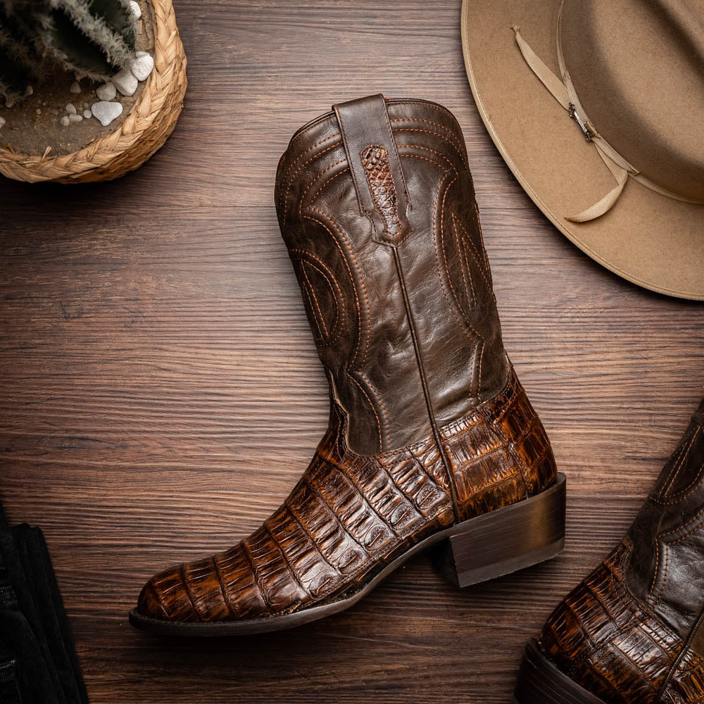 Marco Di Milano Phoenix Men's Exotic Cowboy Boots – Genuine Caiman Belly | Aged Brown