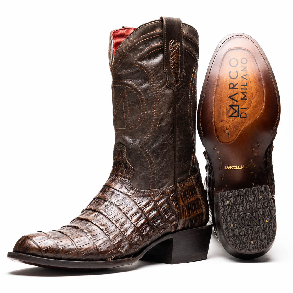 Marco Di Milano Phoenix Men's Aged Brown Caiman Belly Round Toe Cowboy Boots