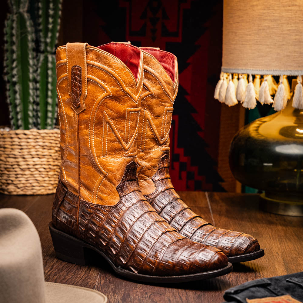 Marco Di Milano Phoenix Men's Exotic Cowboy Boots – Genuine Caiman Belly | Aged Maple Round Toe