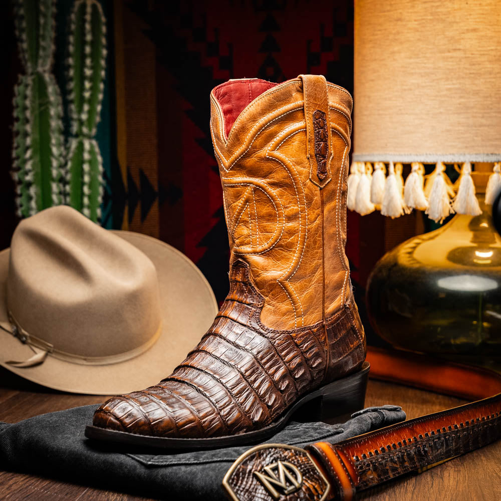 Marco Di Milano Phoenix Men's Exotic Cowboy Boots – Genuine Caiman Belly | Aged Maple Round Toe