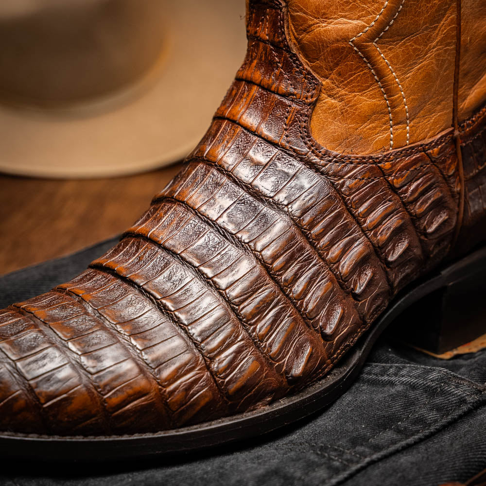 Marco Di Milano Phoenix Men's Exotic Cowboy Boots – Genuine Caiman Belly | Aged Maple Round Toe
