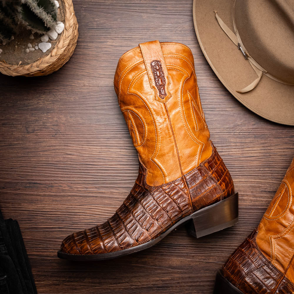Marco Di Milano Phoenix Men's Exotic Cowboy Boots – Genuine Caiman Belly | Aged Maple Round Toe