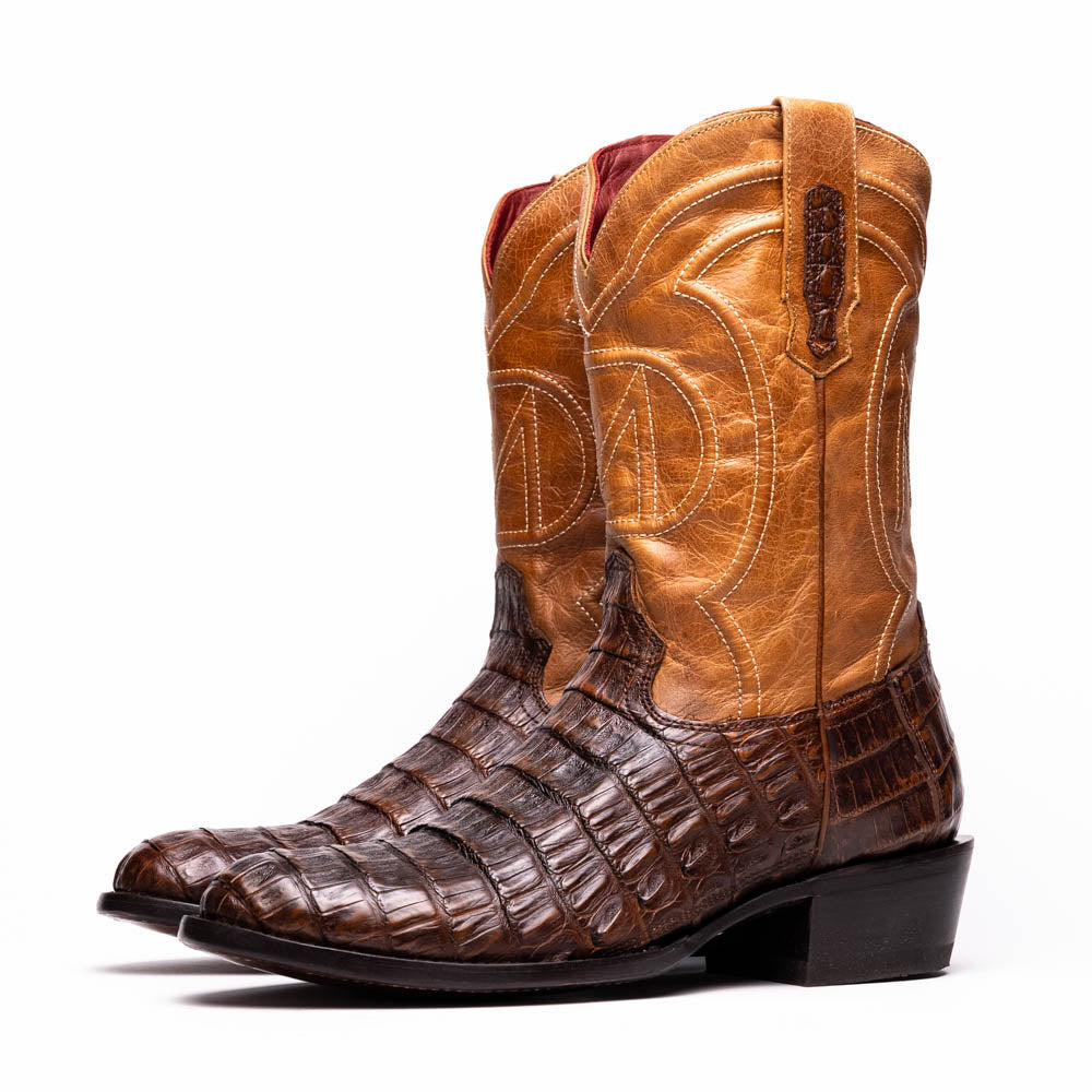 Marco Di Milano Phoenix Men's Exotic Cowboy Boots – Genuine Caiman Belly | Aged Maple Round Toe
