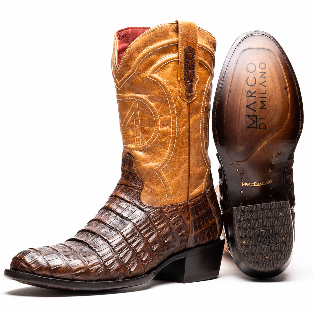 Marco Di Milano Phoenix Men's Exotic Cowboy Boots – Genuine Caiman Belly | Aged Maple Round Toe