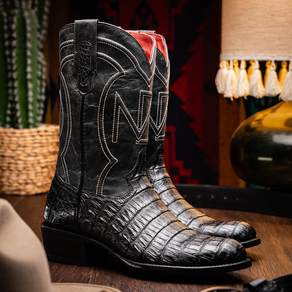 Marco Di Milano Phoenix Men's Exotic Cowboy Boots – Genuine Caiman Belly | Black Round Toe