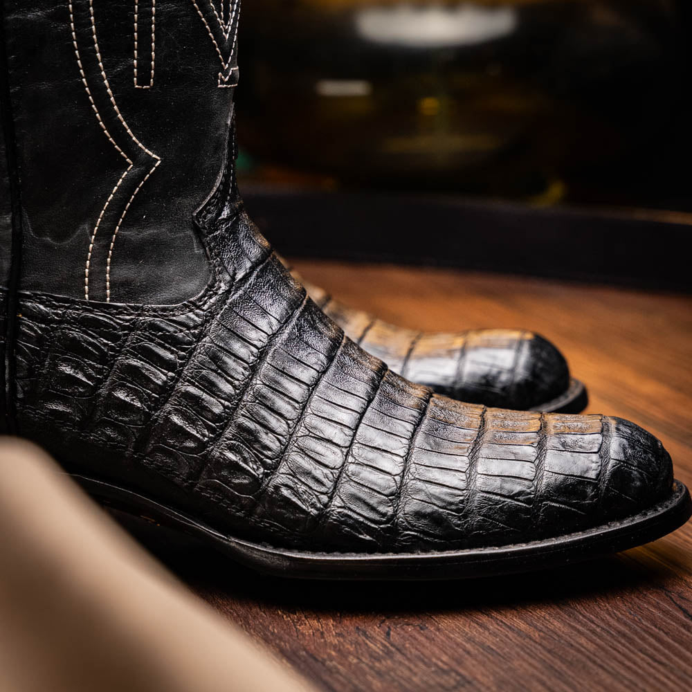 Marco Di Milano Phoenix Men's Exotic Cowboy Boots – Genuine Caiman Belly | Black Round Toe