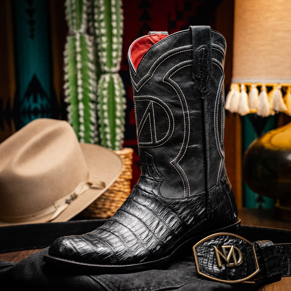 Marco Di Milano Phoenix Men's Exotic Cowboy Boots – Genuine Caiman Belly | Black Round Toe