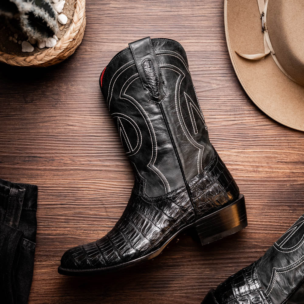 Marco Di Milano Phoenix Men's Exotic Cowboy Boots – Genuine Caiman Belly | Black Round Toe