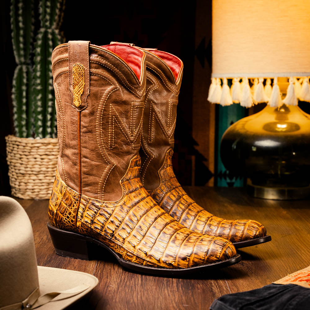 Marco Di Milano Phoenix Men's Exotic Cowboy Boots – Genuine Caiman Belly | Mustard Brown Round Toe